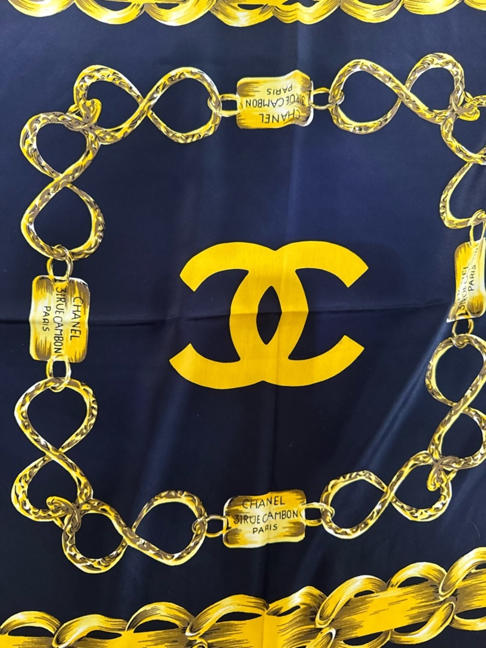 Navy & Gold Chain Print Silk Scarf Luxury Style Square Scarf - Picture 3 of 11